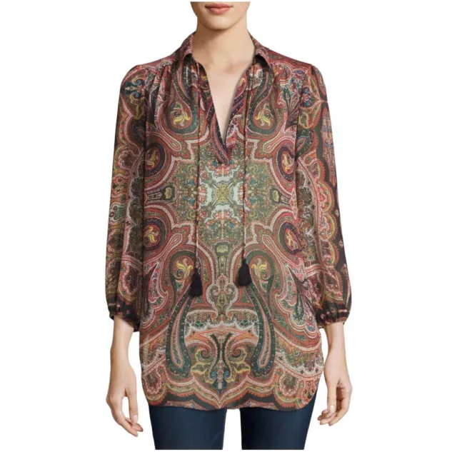 Alice + Olivia Sterling Half Placket Tunic Top Paisley Brown Size Small V Neck