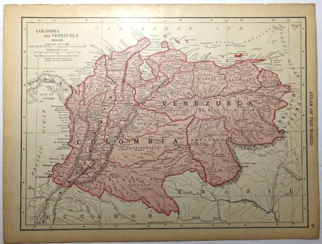 1912 Vintage COLOMBIA & VENEZUELA Atlas Map Antique - Rand McNally Family Atlas