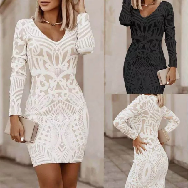 Womens Sexy Bodycon V Neck Dress Ladies Evening Party Long Sleeve Midi Dresses