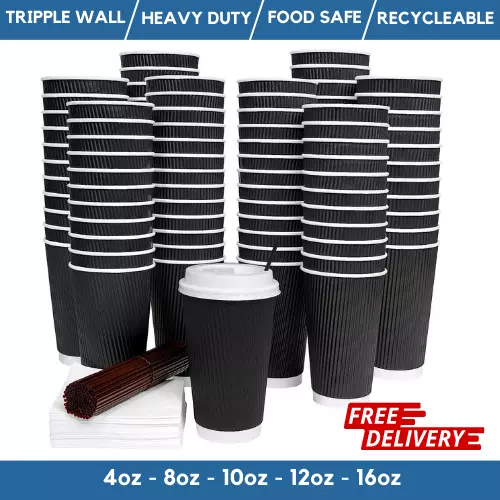 Disposable Black Ripple Cups Triple Wall Black Paper Coffee Cups Reusable Lids