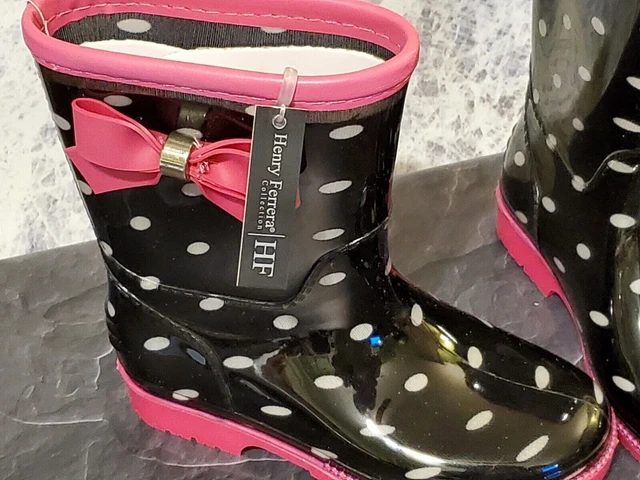 Henry Ferrera K-Poco Girls Black/Pink Polka Dot Slip On Rain Boots NEW Size 11