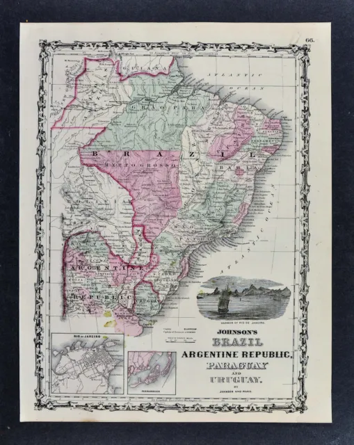 1864 Johnson Map Brazil Rio de Janeiro Diamond Region Argentina Amazon Recife