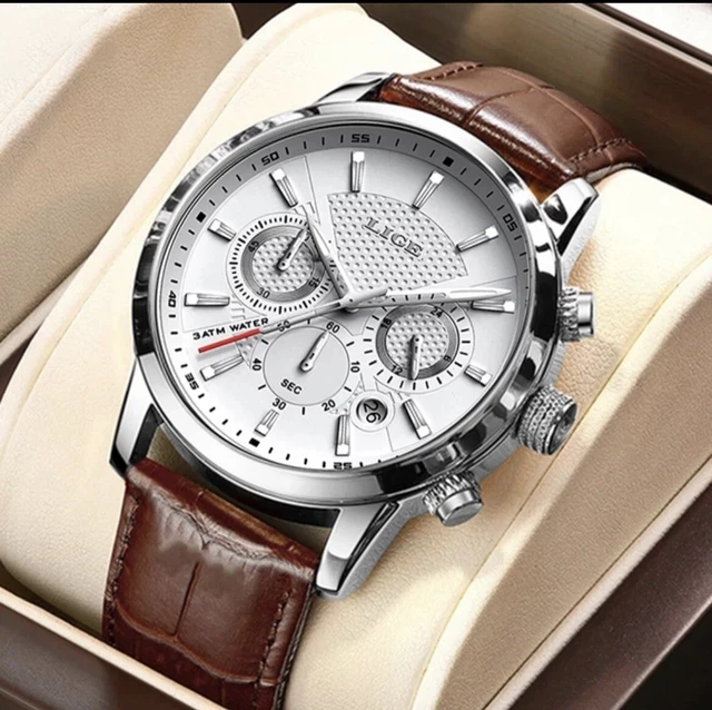 Orologio Cronografo Uomo Classico Luxury Lige Quarzo 43Mm Pelle Silver & White