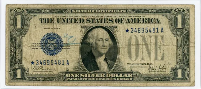 1928-B $1 *Star* “Funnyback” Silver Certificate Currency Note In Currency Sleeve