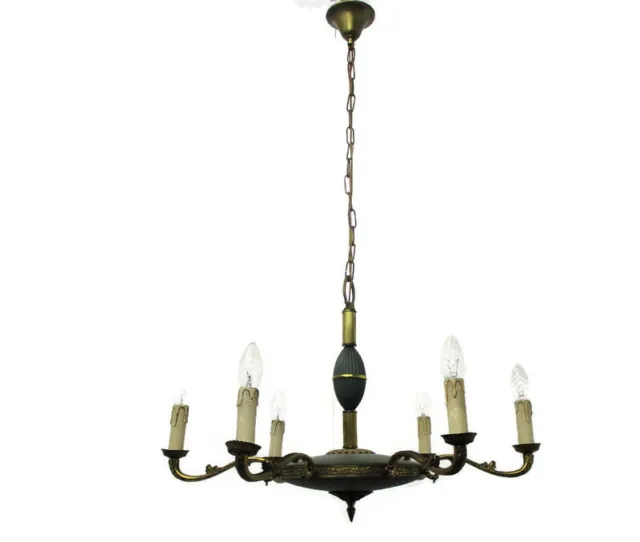 French Empire Chandelier Green Tole Brass 6 arm  Hollywood Regency Toleware