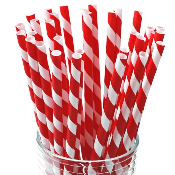 Red And White Striped Paper Straws 8" (20cm) Biodegradable Compostable 6mm Bore