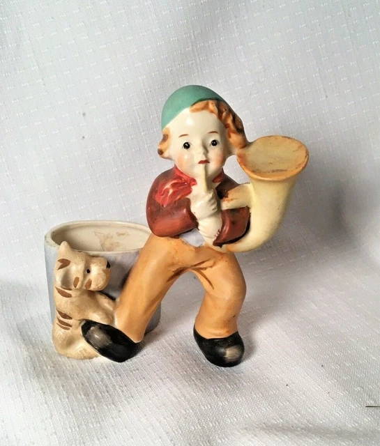 VINTAGE CERAMIC FIGURINE Boy playing Horn With Dog Made in Occupied