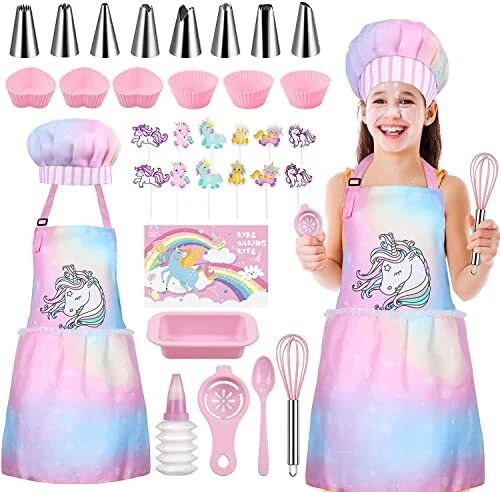 Gemeer 34PCS Enfants Cuisine et pâtisserie Set - Tablier Cuisine Enfant, Toque C