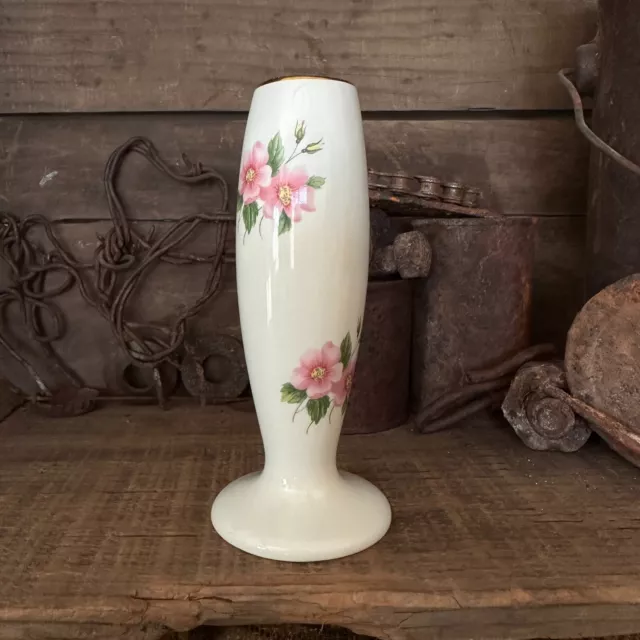 Lord Nelson Pottery Bud Vase, 1960s England, Pink Flowers 3690