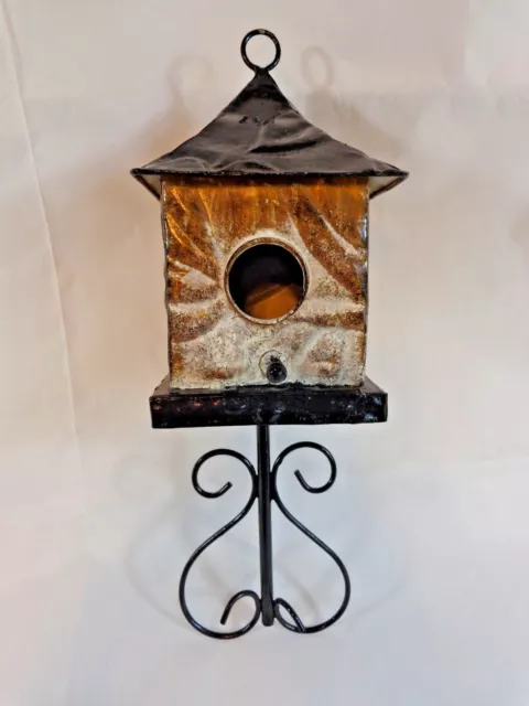 Hanging Metal Birdhouse 15" Brown Black Square on Decorative Post