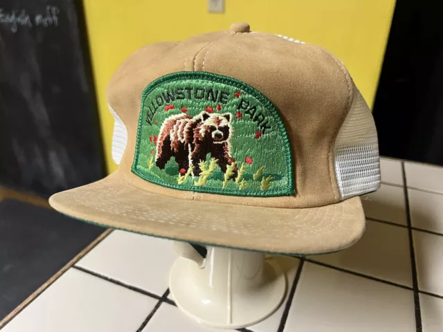 Vtg 80s K Products Yellowstone National Park Suede Trucker Snapback Hat Patch