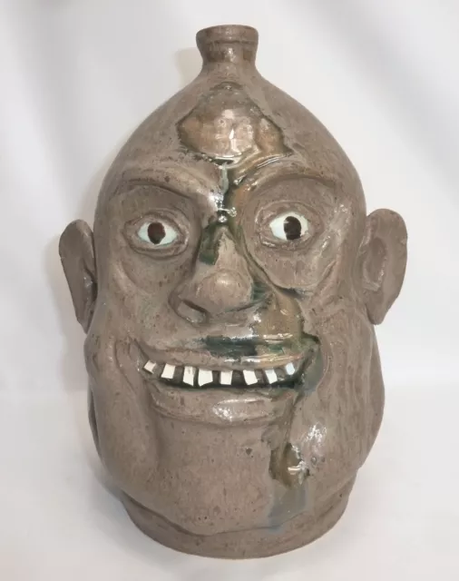 Marvin Bailey Brown with streaks Ugly Face Jug Folk Art Pottery -Autographed
