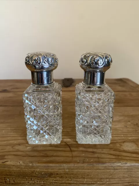 Pair Antique 1899 English Andrew Crespel Sterling Silver Crystal Perfume Bottles