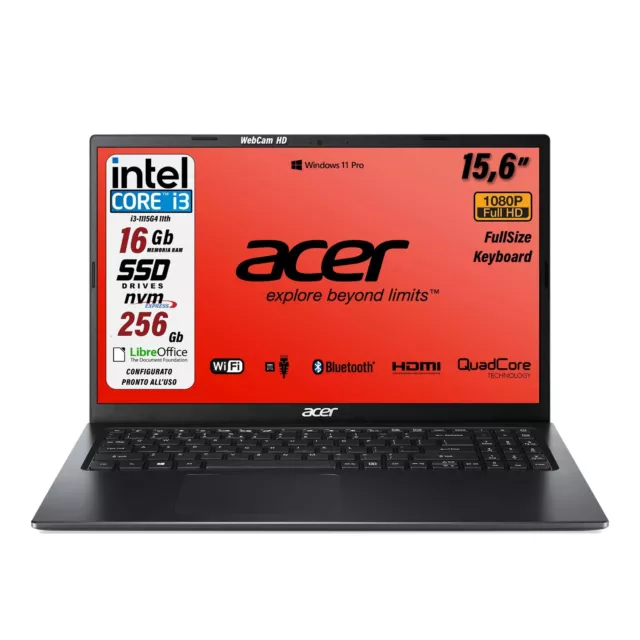 Notebook Acer Intel Core i3-1115G4 RAM 16 GB SSD 256 GB 15,6" FullHD Win11Pro