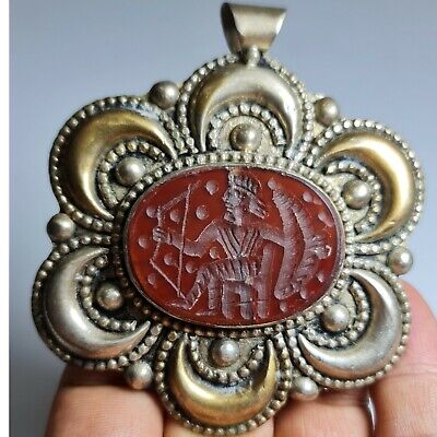 Afghan Turkmen old Agate intaglio stone silver brass pendant