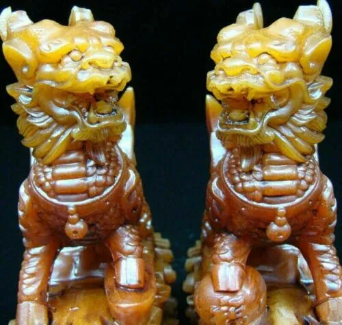 Chinese Shoushan Stone Jade Handmade Carved Statue Lion foo dog statue Pair 2