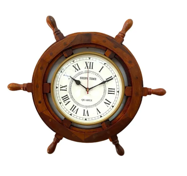 Horloge murale nautique en bois de 18 pouces, roue de bateau Antique, décor...
