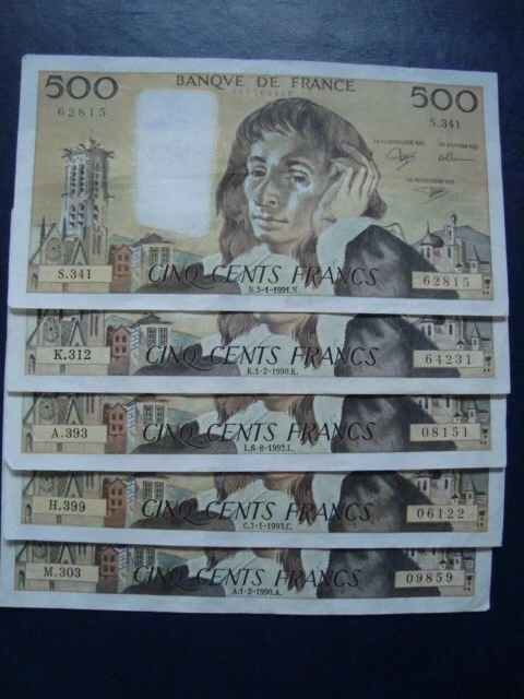 LOT DE 5 X 500 FRANCS PASCAL 1990 à 1993 LOT DE 5 X 500 FRANCS PASCAL 1990 à 1993