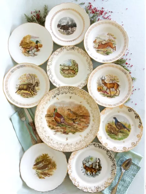 10 Mix & Match Hunting Plates. Mismatched Game Plates. Wild Boar, Deer, Pheasant