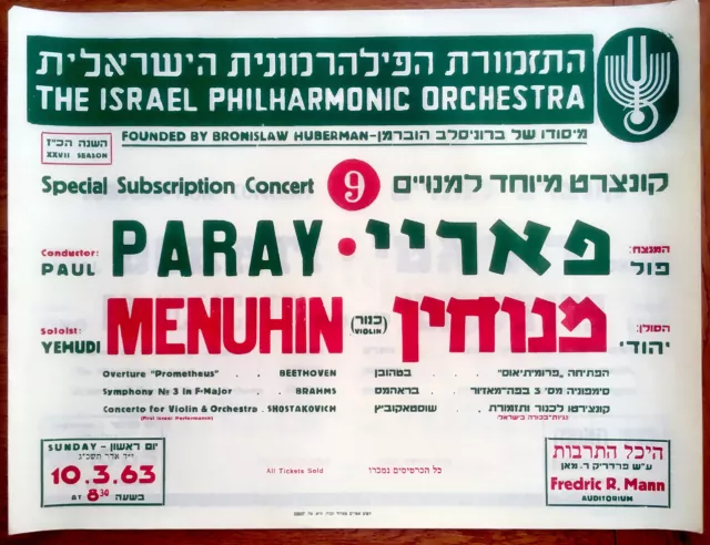 1963 Violin CONCERT POSTER Israel MENUHIN PARAY Violinist IPO Beethoven BRAHMS