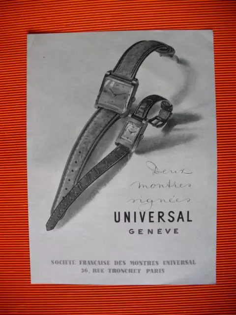 PUBLICITE DE PRESSE UNIVERSAL DEUX MONTRES SIGNéES ILLUSTRATION SUTER AD 1949