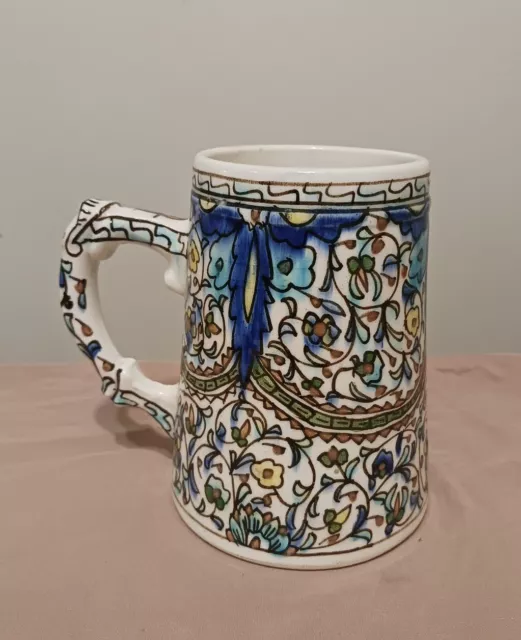 Vtg Antique Iznik Style Ottoman Islamic Hand Painted Ceramic Tankard Pottery Mug