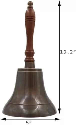 Antique Solid Brass 10" Hand Bell School Bell Call Service Bell with Wood Handle