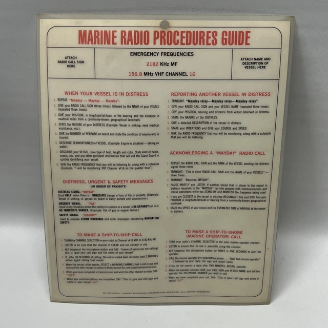 VINTAGE LAMINATED 1978 Marine Radio Procedures Guide VHF Radio Guide