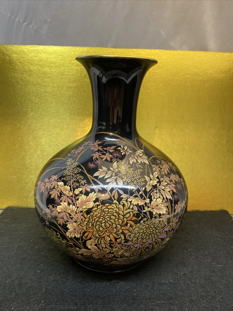 Vintage Fine Shibata Japan Kiku Porcelain Black Vase Polychrome Flower Design