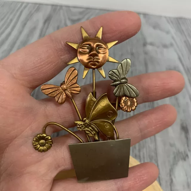 Brass Pewter Metals Sun Flowers In A Pot Brooch