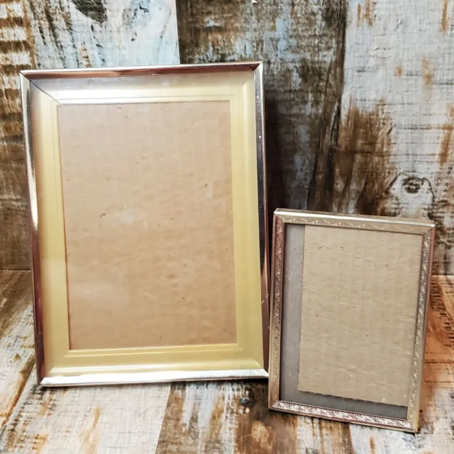 Vintage Pair Brass Rectangle 9x7 and 3x5 Picture Frames Mid Century MCM ornate