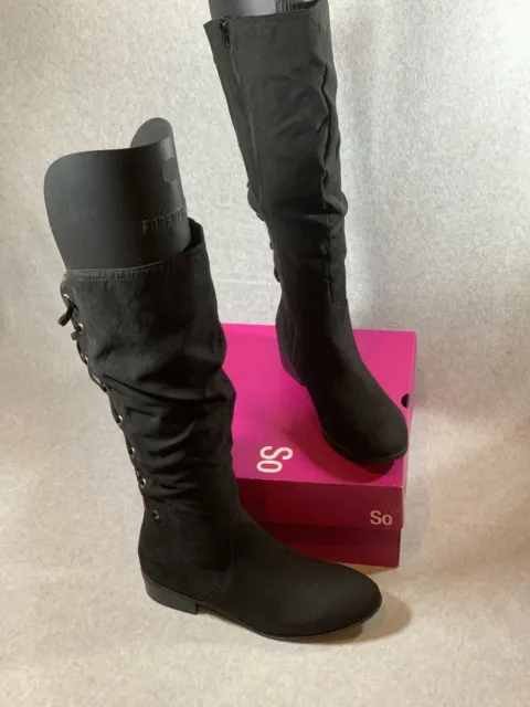 SO Boots Women Size 8.5 Faux Suede Knitted Lace Backing Knee-High Black New