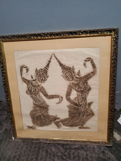2  Vintage THAI Buddhist Temple Rubbing on Rice Paper Framed.