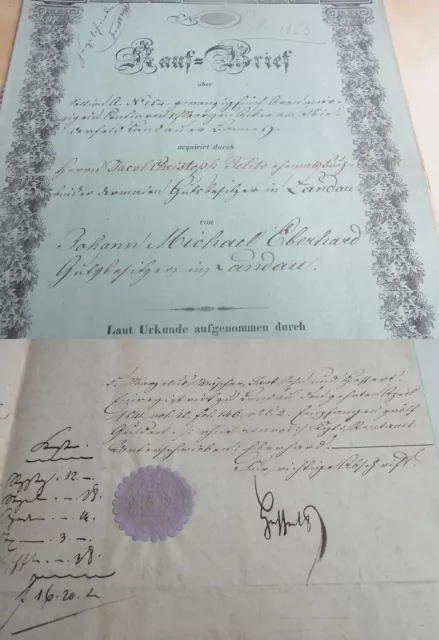 Kaufbrief Landau (Palatinat) 1841, Johann Michael Eberhard Vendu Acker À Jelito