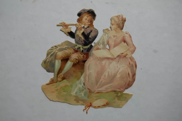 CHROMO  DECOUPIS ancien couple homme femme à la musique  130 X 120 mm