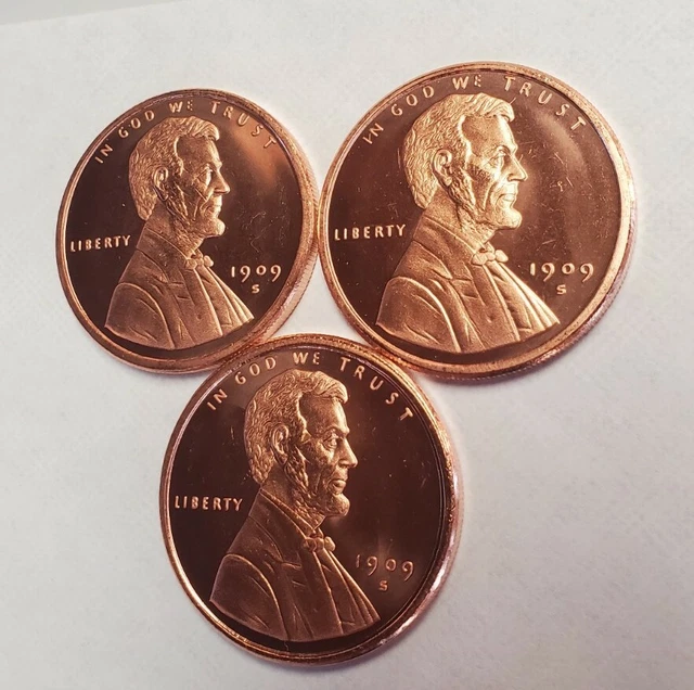 1909-S VDB Lincoln Wheat Cent RESTRIKE 3 COIN LOT BU HUGE 1 OUNCE ea .999 COPPER