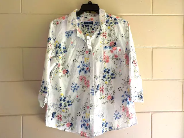 Karen Scott Floral Button Up  Women's Shirt  3/4 Sleeve XL White Pocket Cotton