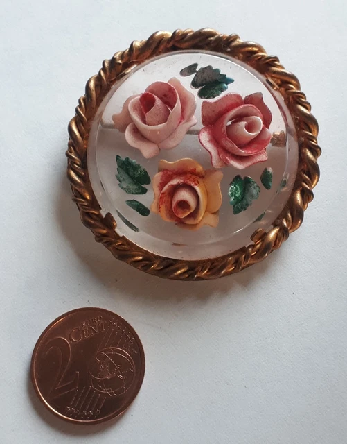 Broche Ancienne En Lucite Oiseaux Fleurs 1900 1920 Plexiglas - Montres & Bijoux