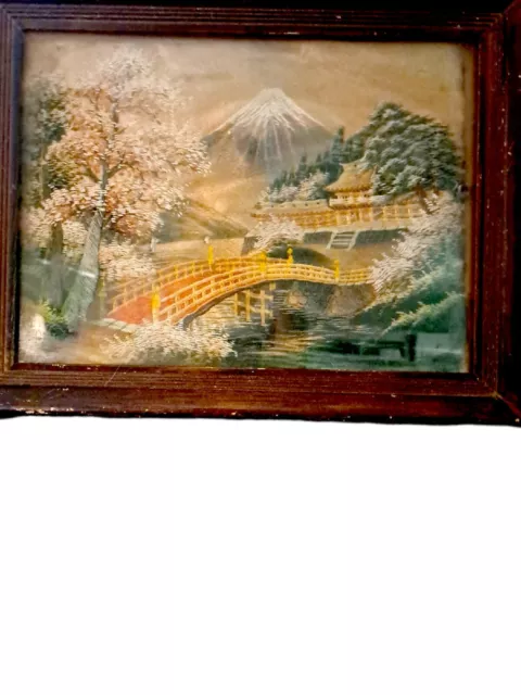 Vintage Japanese Framed Silk Embroidery Of Mount Fuji~Hand Stitched