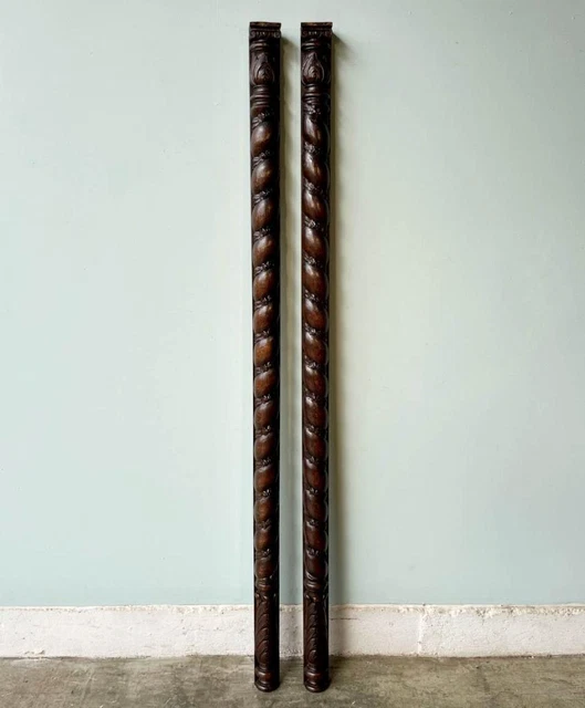 *Pair of 70" Tall French Antique Solid Oak Wood Trim Posts Salvage Highly Carved
