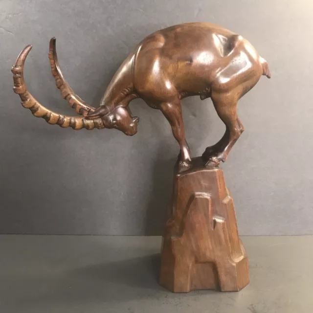 Art Deco Hand Carved Wood Statue/Ram/Signed Hans Huggler/Swiss C.1920/Walnut/12”