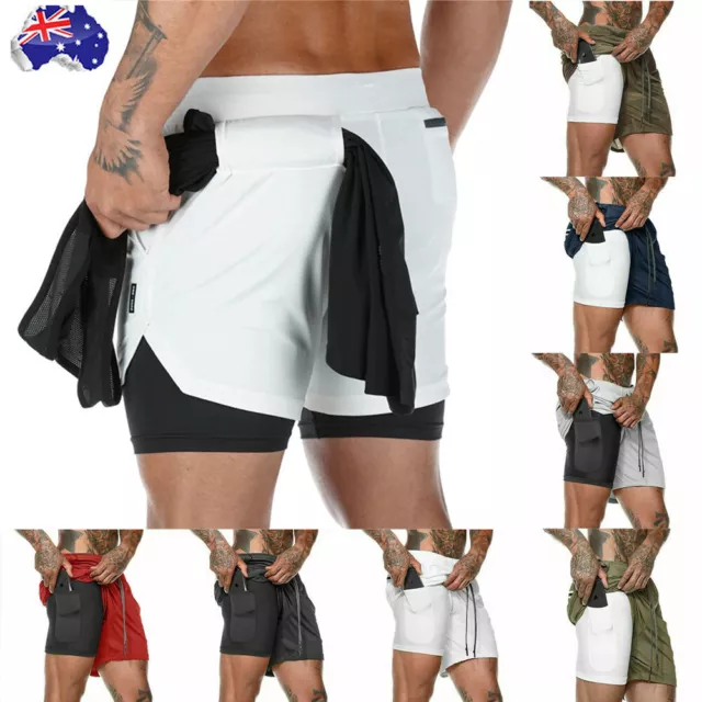 Mens Workout 2 in 1 Shorts 7" Running Gym Athletic Fitness Jogging Phone Pocket