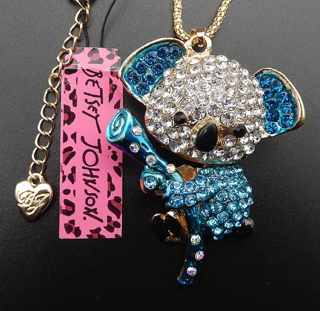 Betsey Johnson Crystal Blue Koala Bear Gold Pendant Chain Necklace Free Gift Bag