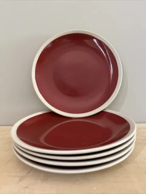 Lot de 5 Petites Assiettes en Céramique Grès Peintes en Rouge Vintage