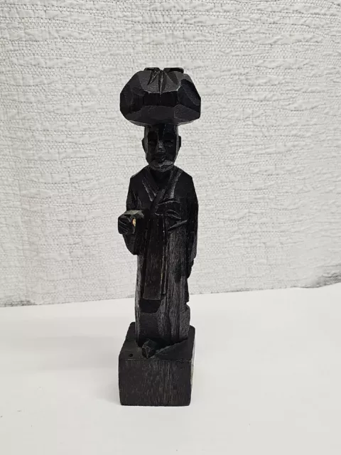 Asian Man Hand Carved Wood Statue Walking Staff Bundle On Head 9" Incense holder