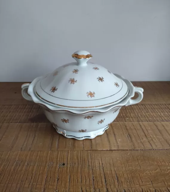 Soupière en Porcelaine de Limoges  - Blanc Et Fleurs/Liseré Dorés - Vintage