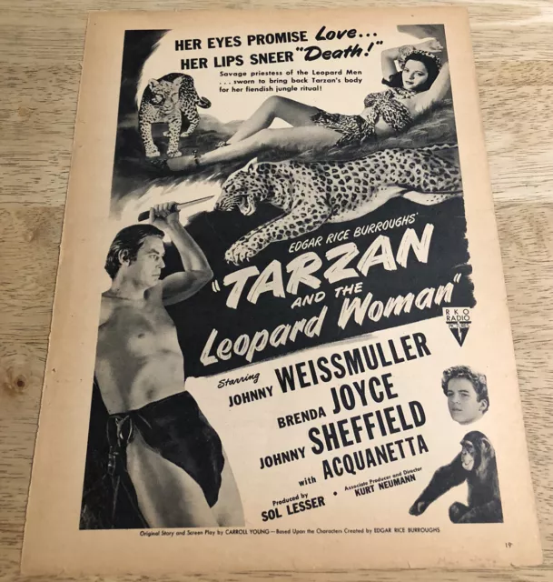 1946 TARZAN AND THE LEOPARD WOMAN Johnny Weissmuller  - Vintage Movie Ad