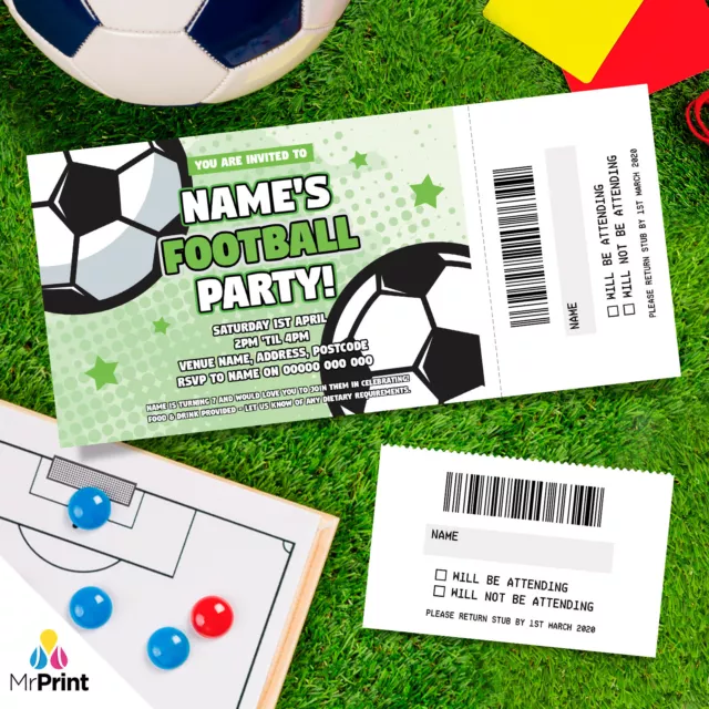 Personalised Football Soccer Party Ticket Style Invitations | Perforated Stubs