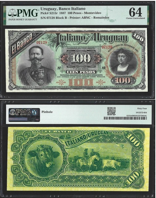 URUGUAY, Banca Italiana 100 Pesos 1887 Pick.S215r UNC PMG 64 (1 Pinhole)