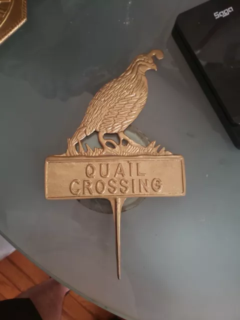 Vintage Brass Quail Crossing Sign Garden Stake Yard